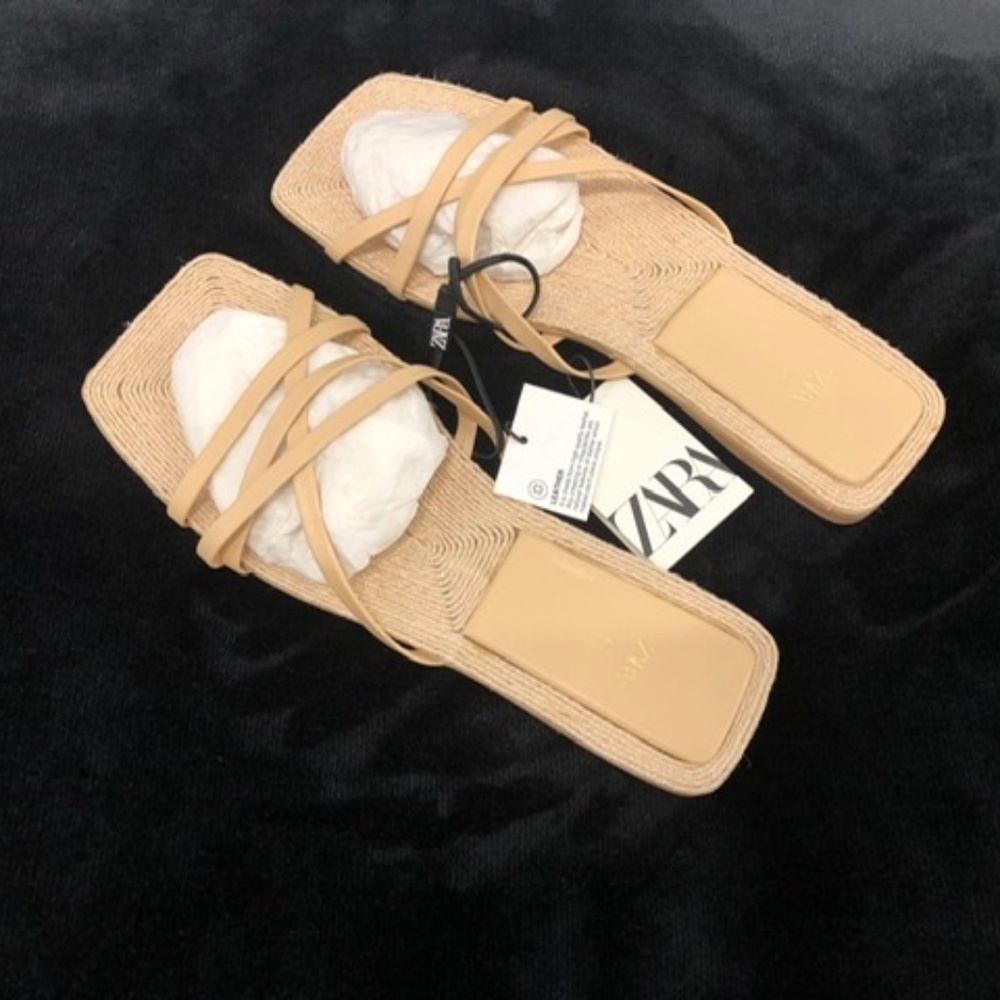 ZARA Real LEATHER Flat Stripy Sandals Shoes, 40, NWT
